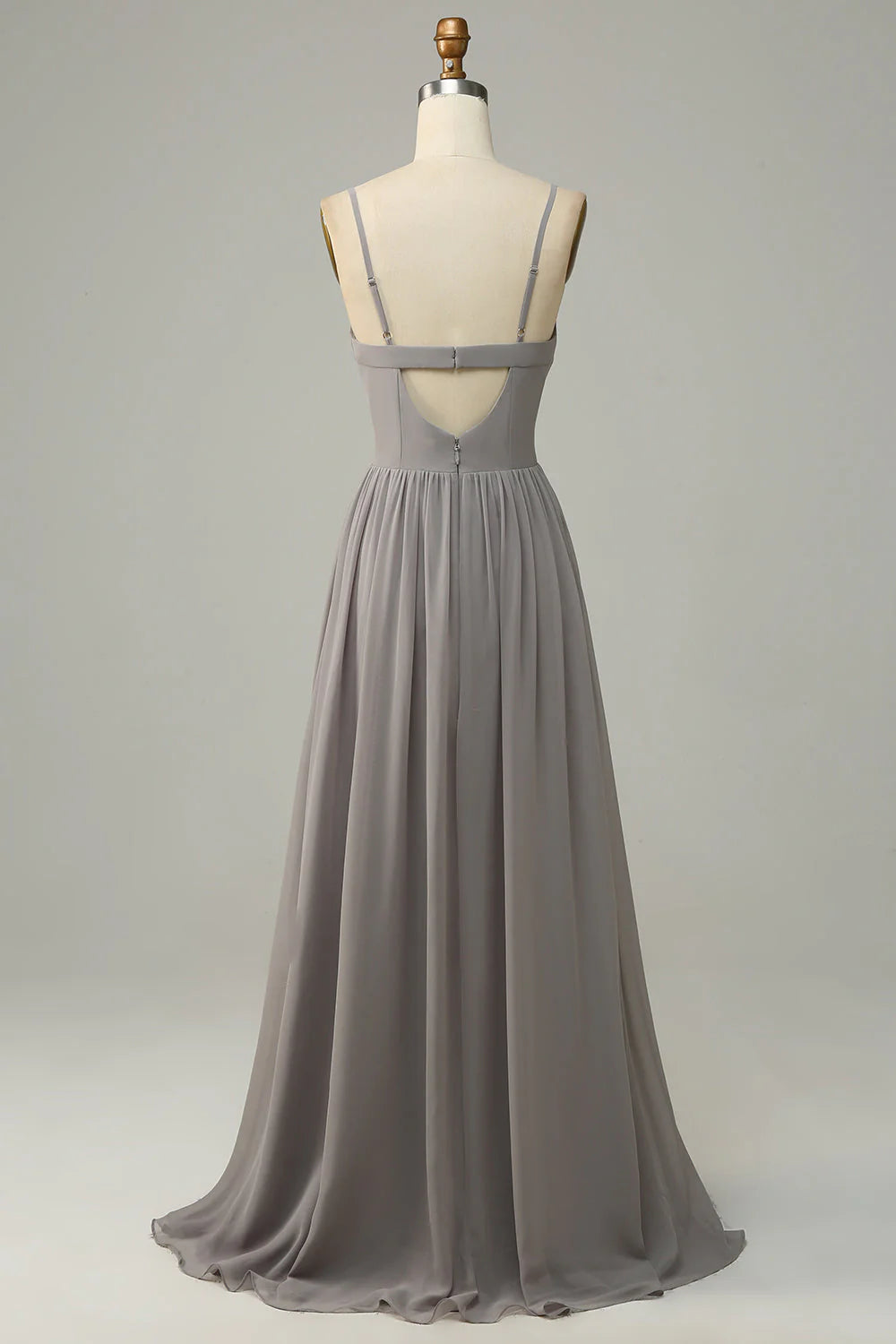 Silver A-line thin shoulder strap slit long bridesmaid dress