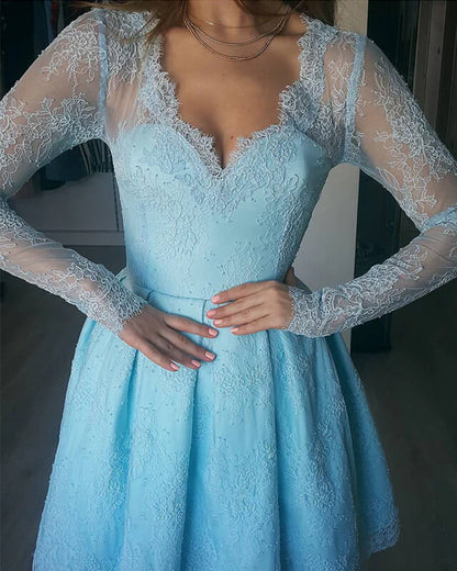 Long sleeved lace V-neck Homecoming dress