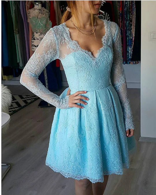 Long sleeved lace V-neck Homecoming dress