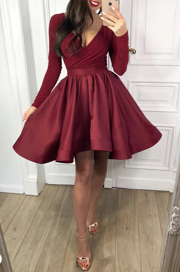 Elegant velvet long sleeved satin ruffled Homecoming dress