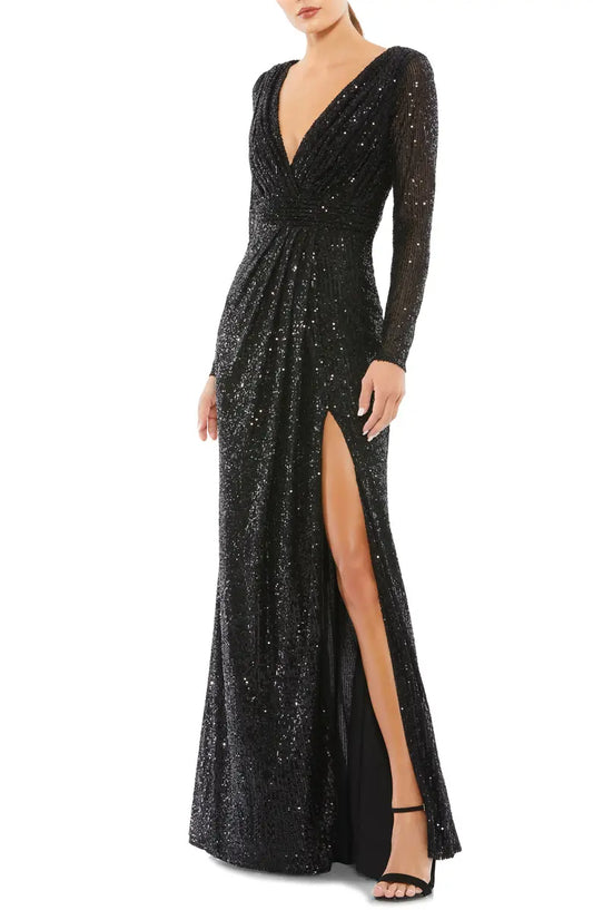 Elegant V-neck sequin long sleeved and floor length front slit evening dress
