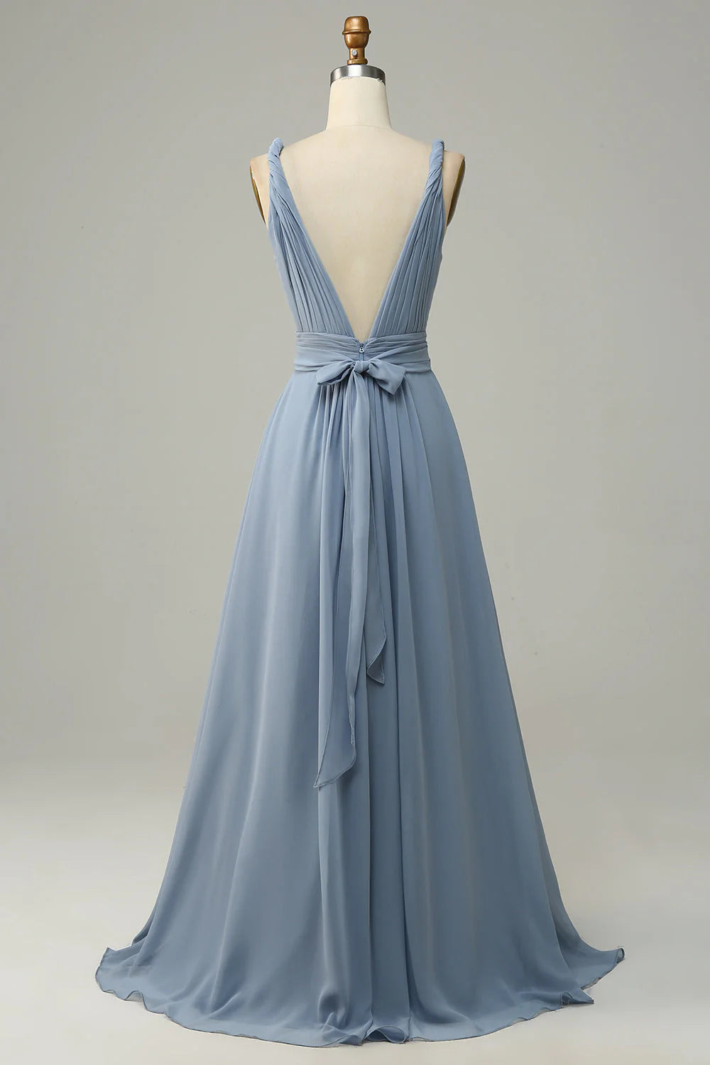 Grey blue deep V-neck A-line long bridesmaid dress