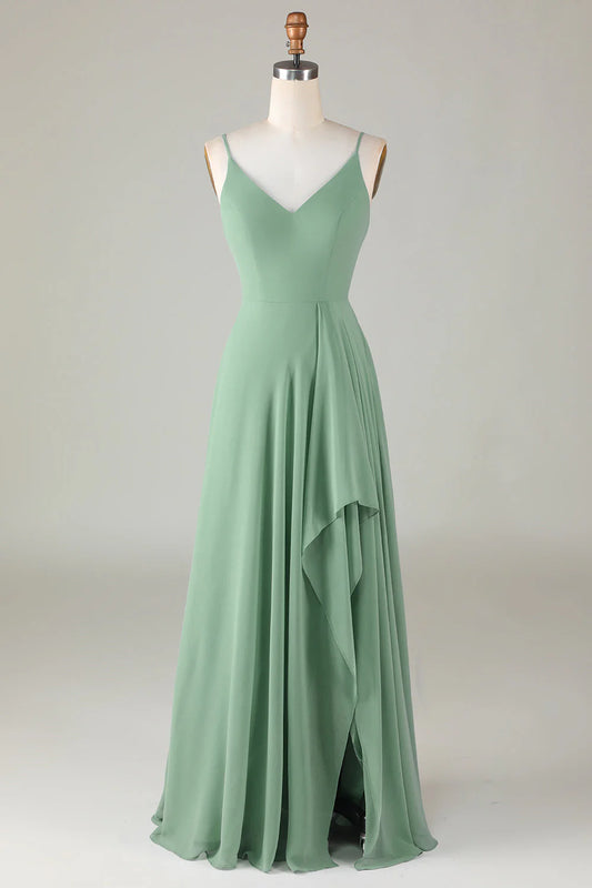 Thin shoulder strap with ruffled edge matcha long bridesmaid dress