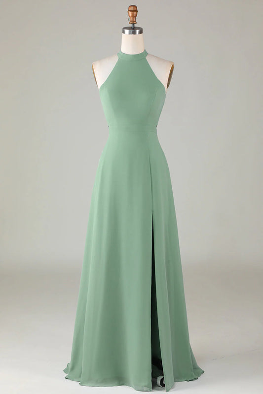 A-shaped backless matcha front slit bridesmaid dress