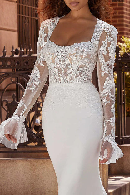 Fishtail Wedding Dress Square Neck Long Sleeve Bohemian Style Wedding Dress