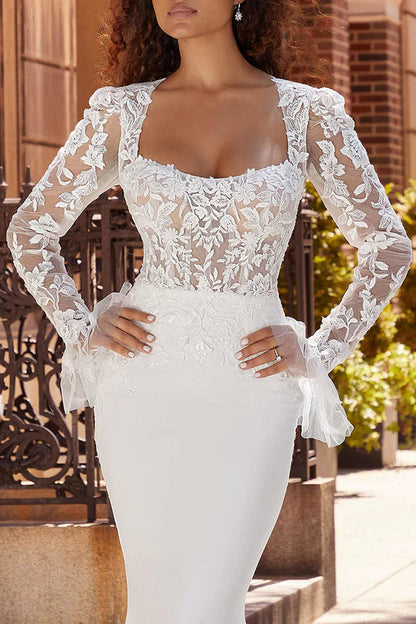 Fishtail Wedding Dress Square Neck Long Sleeve Bohemian Style Wedding Dress