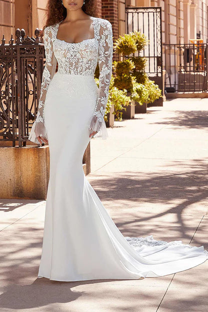 Fishtail Wedding Dress Square Neck Long Sleeve Bohemian Style Wedding Dress