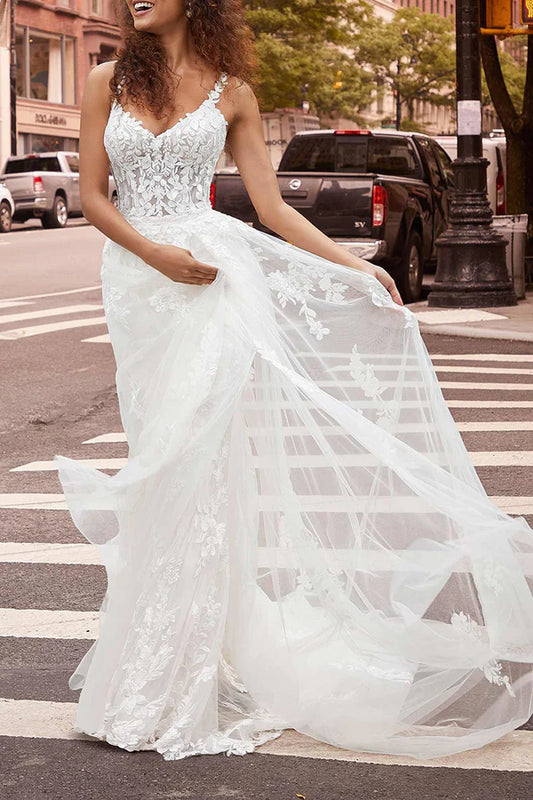 Thin shoulder strap V-neck fishtail wedding dress with detachable hem and lace bridal gown