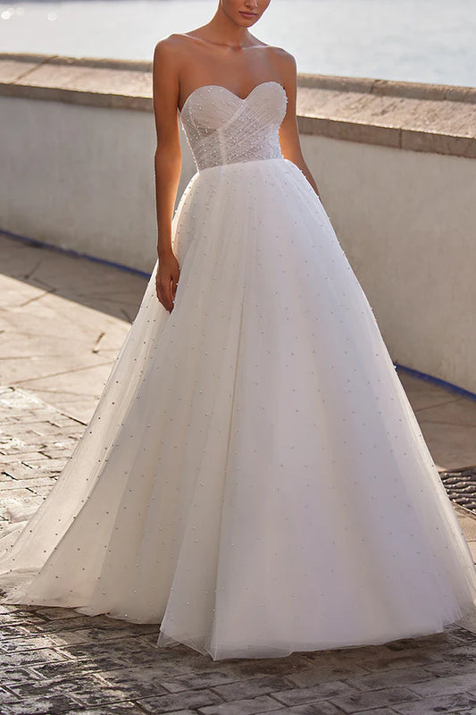 A line Sweetheart sheer pearl plain wedding dress Bride dress