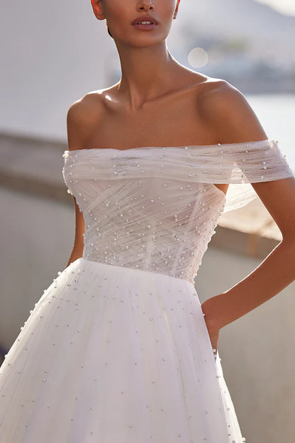 A line Sweetheart sheer pearl plain wedding dress Bride dress