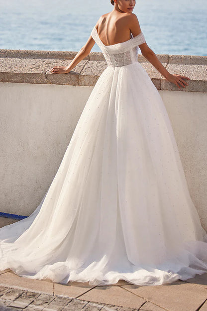 A line Sweetheart sheer pearl plain wedding dress Bride dress