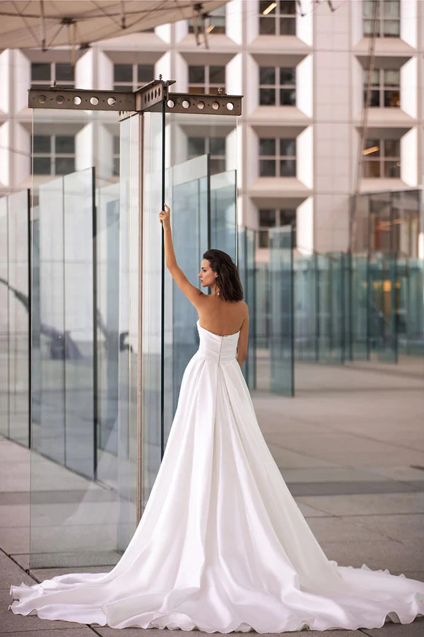 A-line V-neck side slit long sleeved satin wedding dress bridal gown