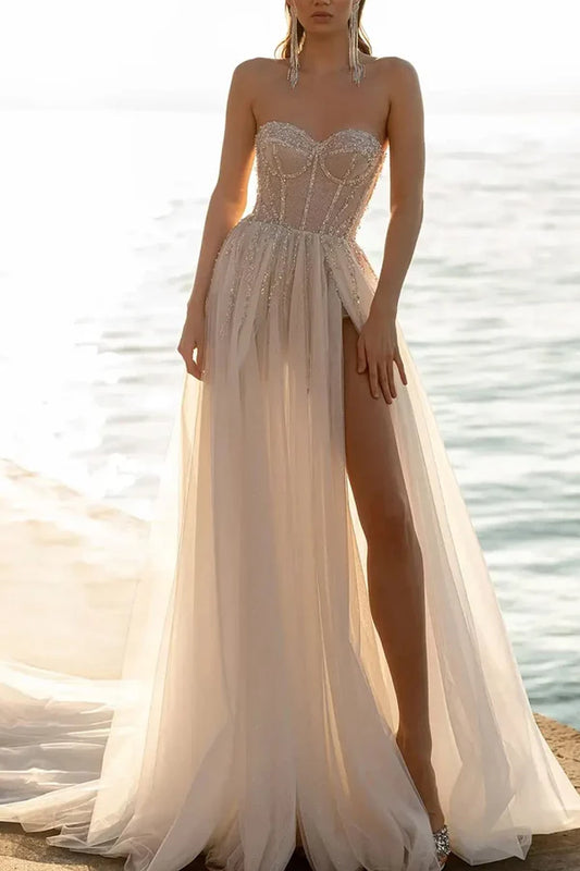 A Line Sweetheart Pearl sheer Bohemian wedding dress