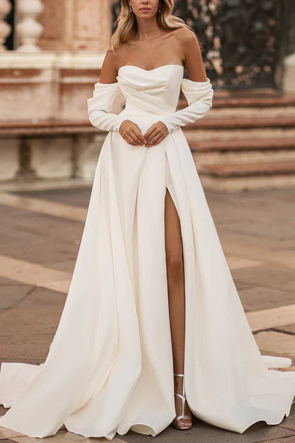 A line Sweetheart satin pleated long sleeved rural style slit wedding dress