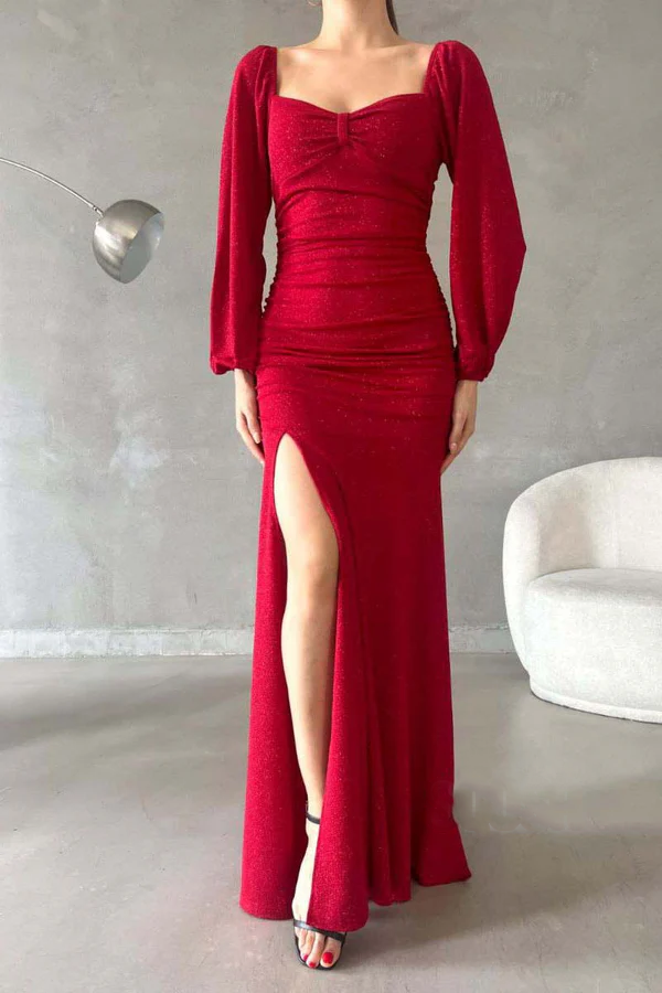 Chic and modern sparkling sweetheart long sleeved side slit long evening dress