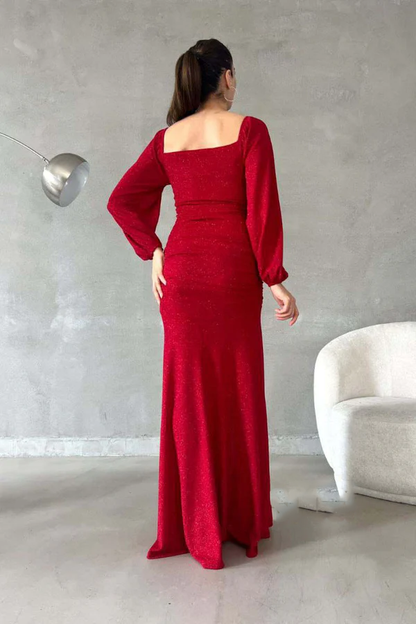 Chic and modern sparkling sweetheart long sleeved side slit long evening dress