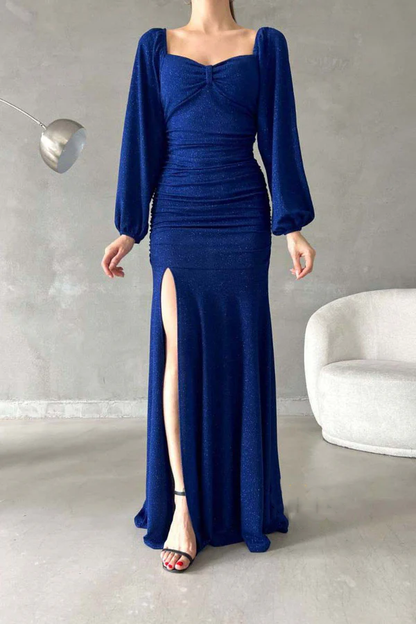 Chic and modern sparkling sweetheart long sleeved side slit long evening dress