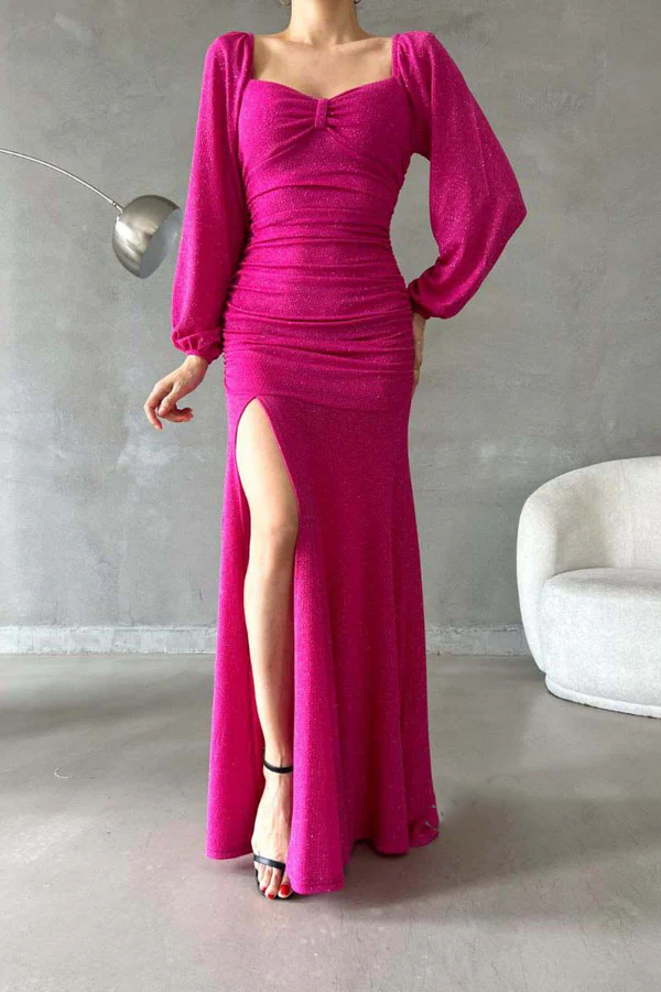 Chic and modern sparkling sweetheart long sleeved side slit long evening dress