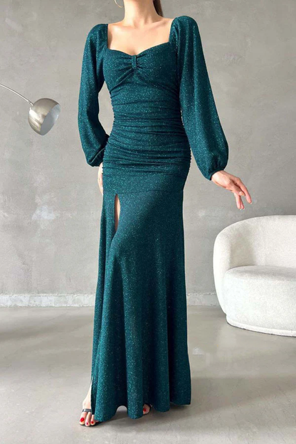 Chic and modern sparkling sweetheart long sleeved side slit long evening dress