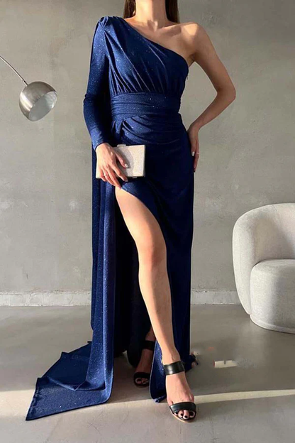 Chic modern sparkling single shoulder pleated long evening dress