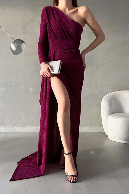 Chic modern sparkling single shoulder pleated long evening dress