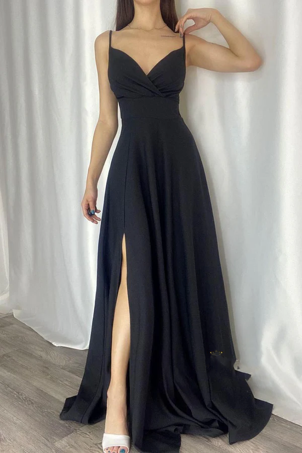 Chic modern A-line V-neck slim shoulder strap long evening dress