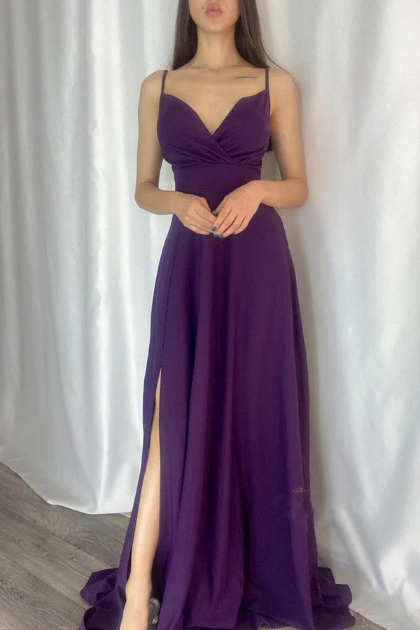 Chic modern A-line V-neck slim shoulder strap long evening dress