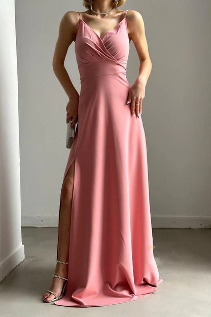 Simple A-line sexy V-neck shoulder strap long slit evening dress