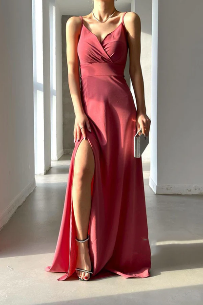 Simple A-line sexy V-neck shoulder strap long slit evening dress