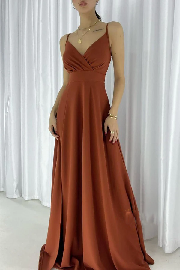 Simple A-line sexy V-neck shoulder strap long slit evening dress