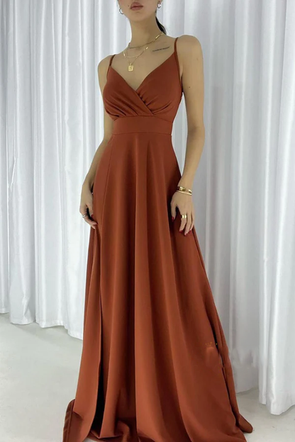 Simple A-line sexy V-neck shoulder strap long slit evening dress