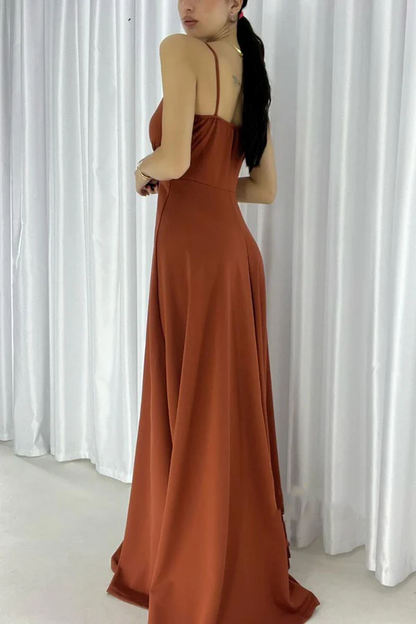 Simple A-line sexy V-neck shoulder strap long slit evening dress