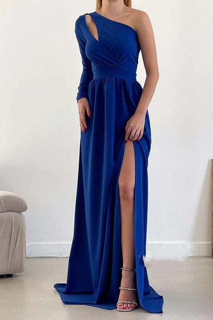 A-line One Shoulder Waist Long Sleeve Split Ball Dress Backless Evening Dress