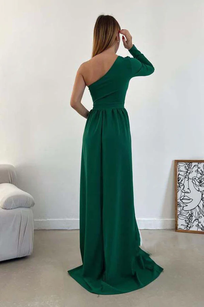 A-line One Shoulder Waist Long Sleeve Split Ball Dress Backless Evening Dress