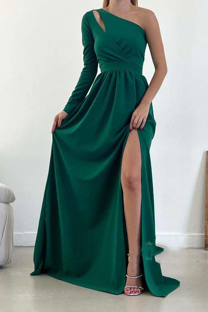 A-line One Shoulder Waist Long Sleeve Split Ball Dress Backless Evening Dress