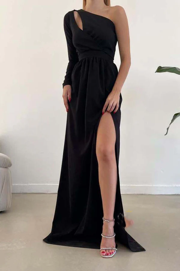 A-line One Shoulder Waist Long Sleeve Split Ball Dress Backless Evening Dress