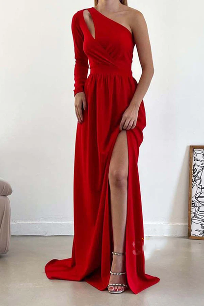 A-line One Shoulder Waist Long Sleeve Split Ball Dress Backless Evening Dress