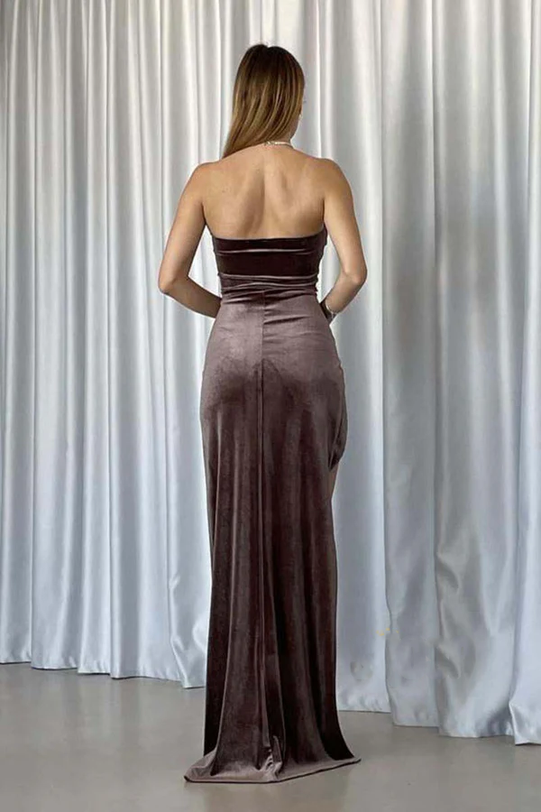 Sheath/column velvet strapless pleated ball gown with slits