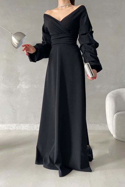 Minimalist A-line V-neck off shoulder bubble sleeve long ball evening dress