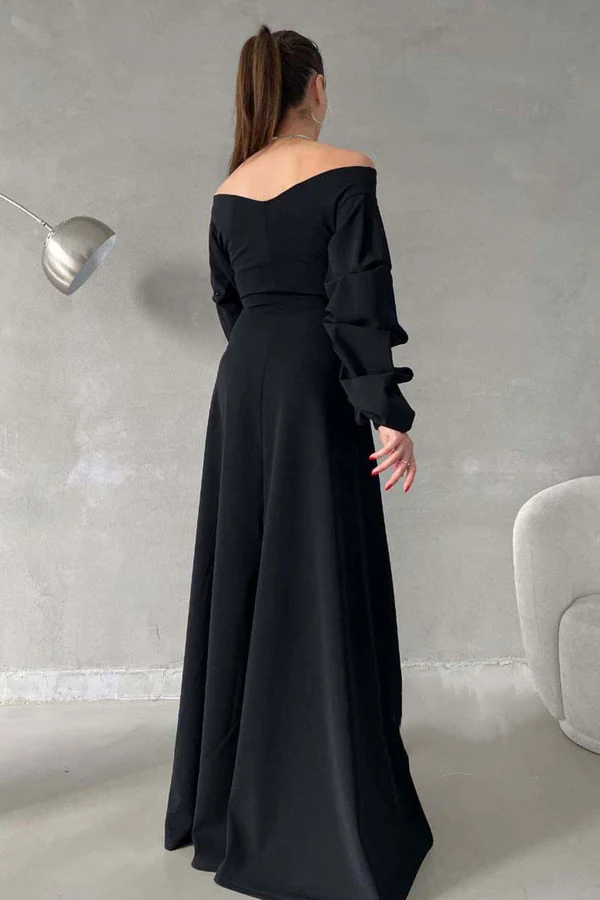 Minimalist A-line V-neck off shoulder bubble sleeve long ball evening dress