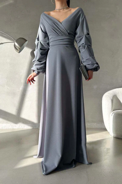 Minimalist A-line V-neck off shoulder bubble sleeve long ball evening dress