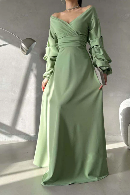 Minimalist A-line V-neck off shoulder bubble sleeve long ball evening dress