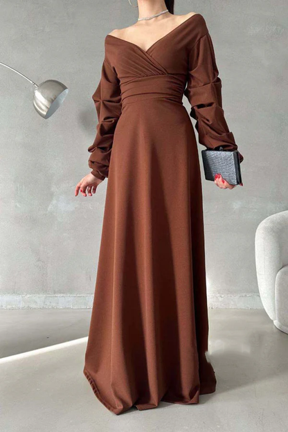 Minimalist A-line V-neck off shoulder bubble sleeve long ball evening dress