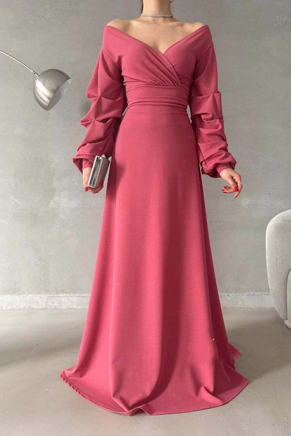 Minimalist A-line V-neck off shoulder bubble sleeve long ball evening dress