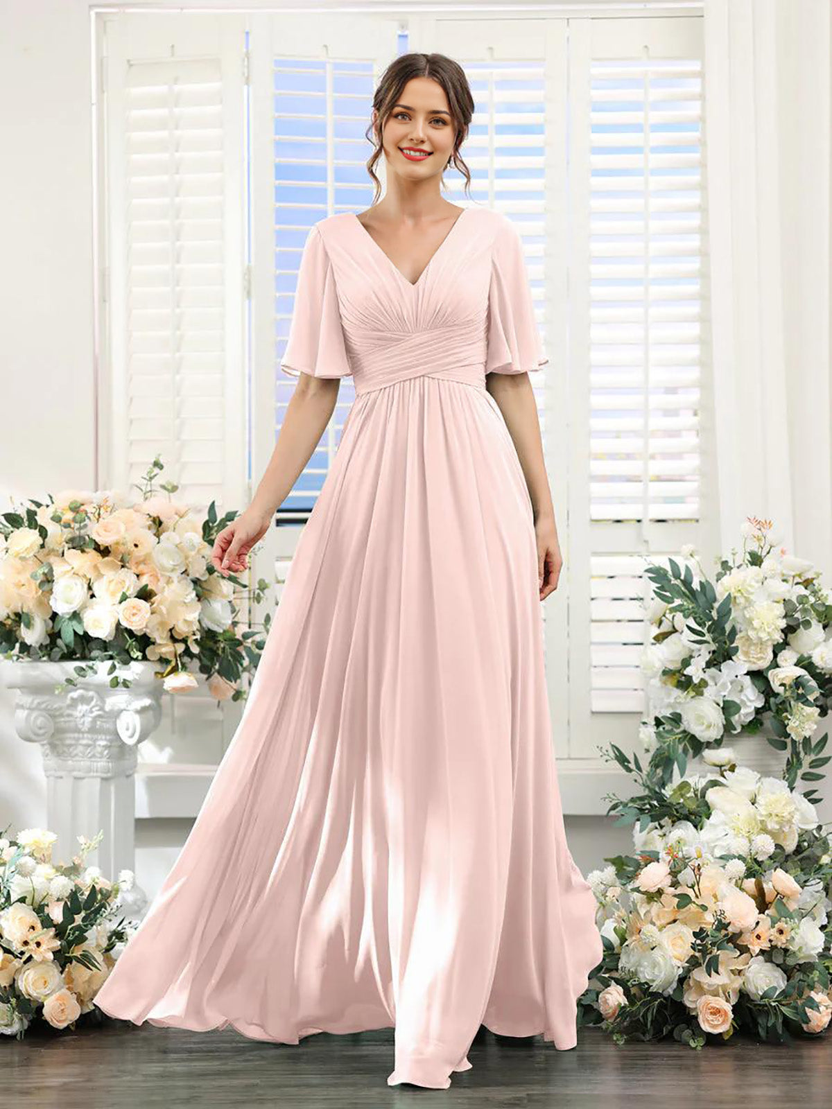 A-shaped V-shaped leader bridesmaid dress, suitable for wedding guests, long chiffon formal slit party dress