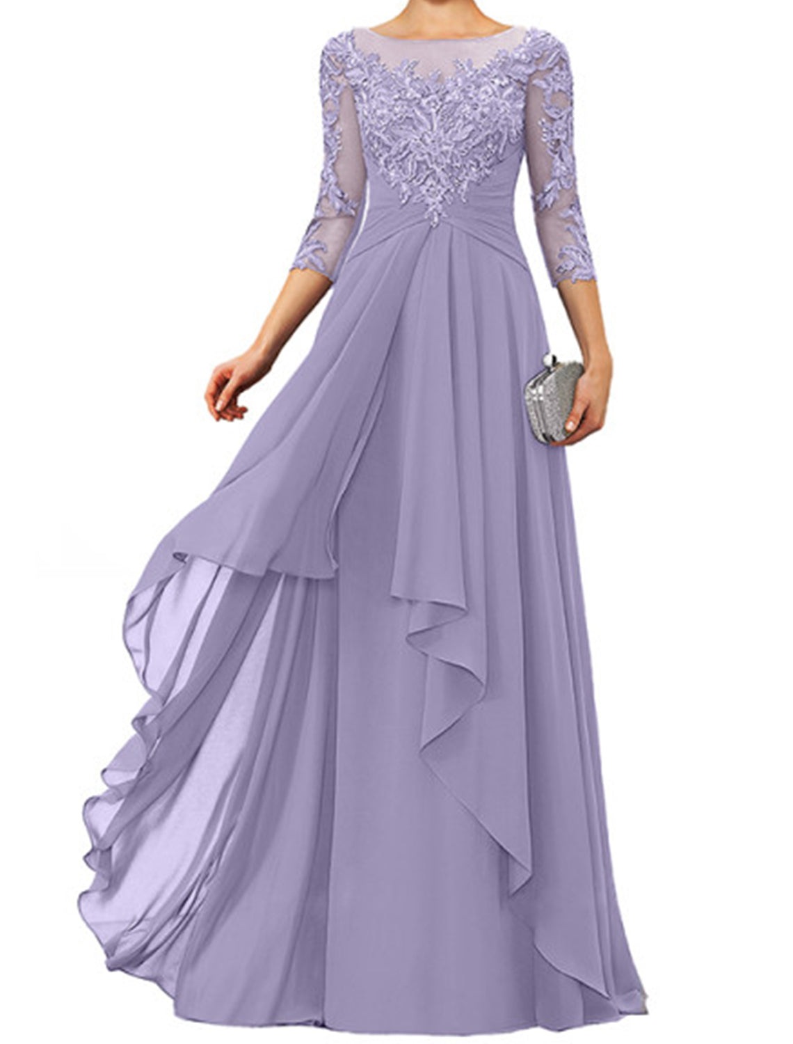 Sheath / Column Mother of the Bride Dress Elegant Jewel Neck Floor Length Chiffon Lace 3/4 Length Sleeve with Appliques