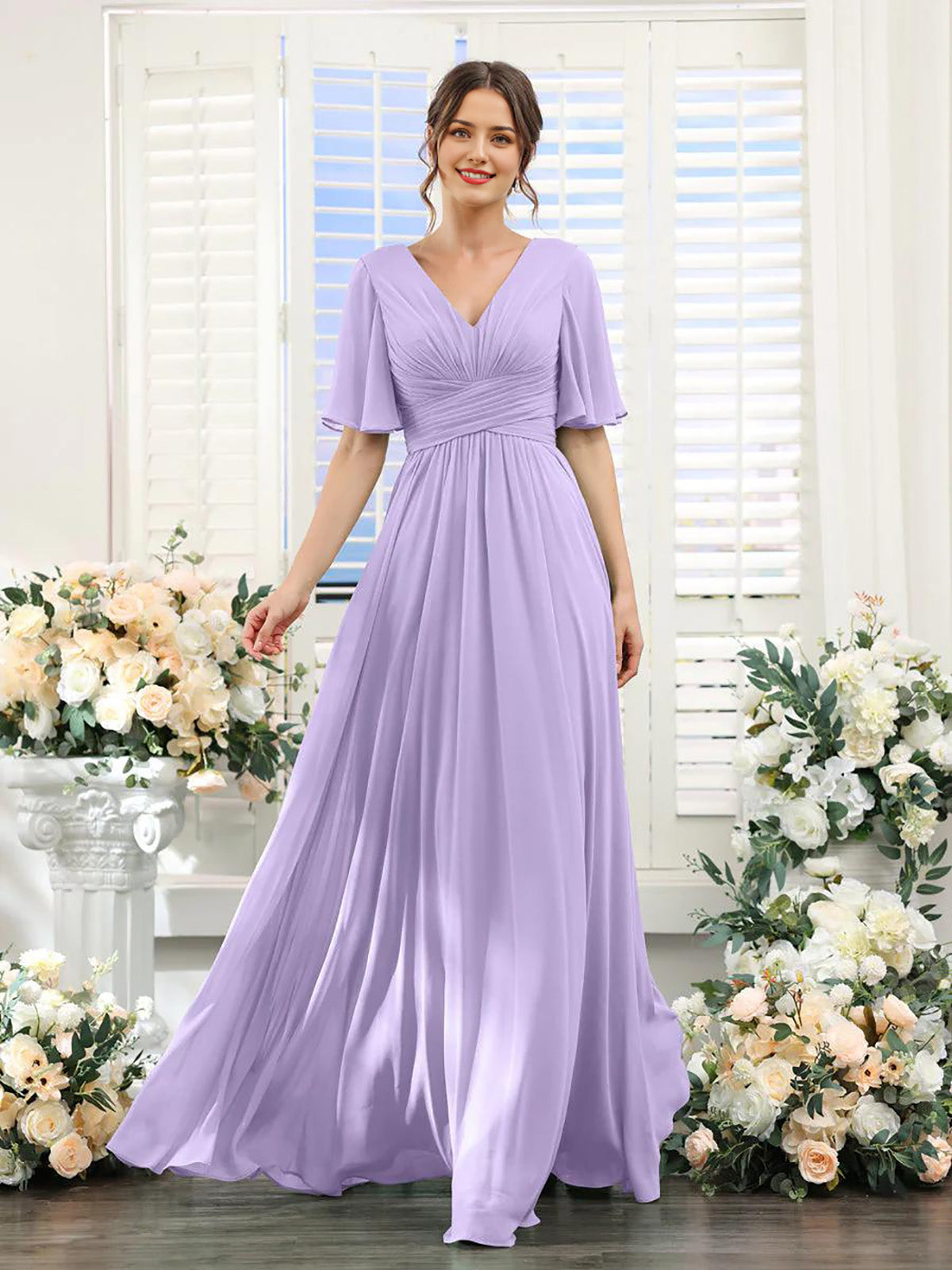 A-shaped V-shaped leader bridesmaid dress, suitable for wedding guests, long chiffon formal slit party dress