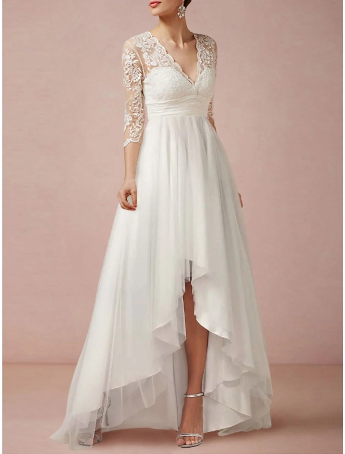 A-line/Princess V-neck Asymmetric Lace Wedding Dress