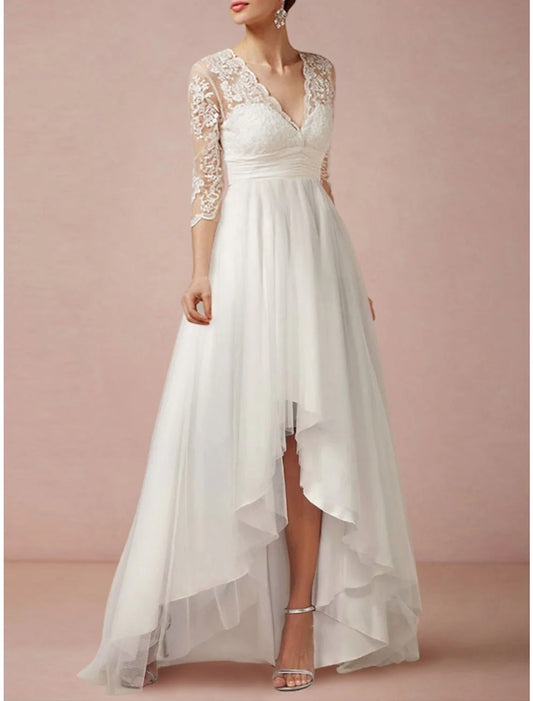 A-line/Princess V-neck Asymmetric Lace Wedding Dress