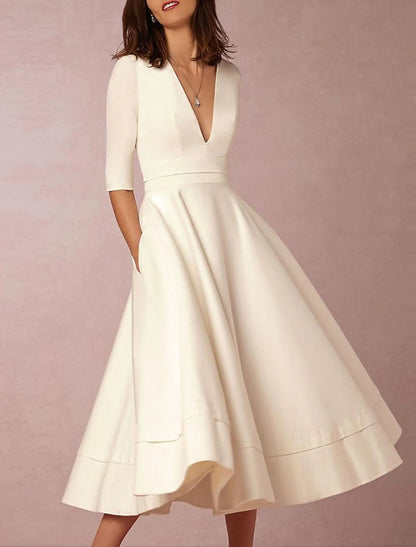 A-line/Princess V-neck Tea Long Wedding Dress